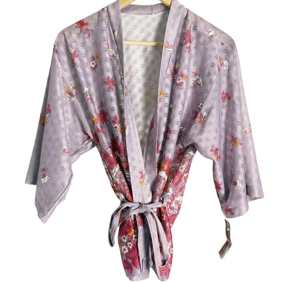 Up Front Vintage Deadstock Lavender Floral Print Wrap Tie Front Kimono Size M - Picture 1 of 9